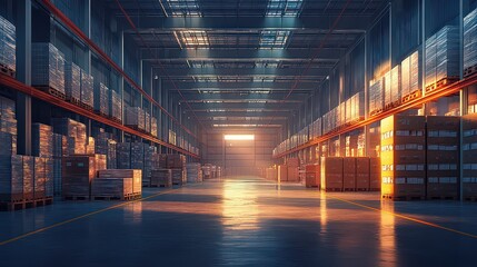  Large, organized warehouse with towering shelves, neatly stacked boxes, and sunlight streaming in, reflecting efficient logistics and storage management.