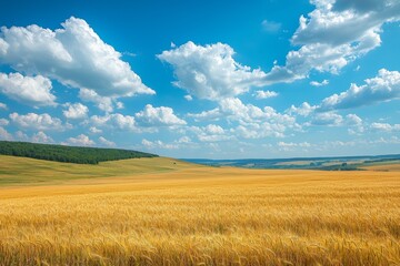 Obraz premium The golden ripe wheat crop under a blue sky is a scenic landscape. Agriculture.