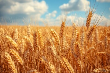 Fototapeta premium Agricultural landscape of golden ripe wheat crop under sunlight. Rich harvest.