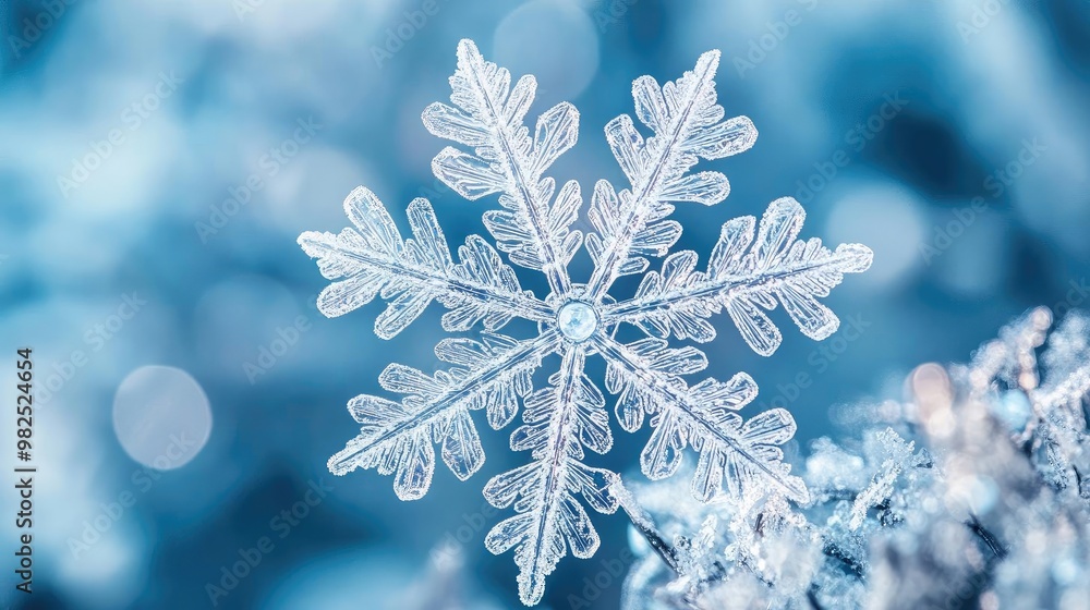 Poster A close-up view of a delicate snowflake resting on a blue background, showcasing intricate patterns and winter beauty.