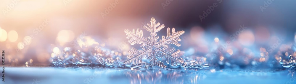 Poster A close-up of a delicate snowflake resting on a shimmering surface, capturing winter's beauty and the magic of frost.
