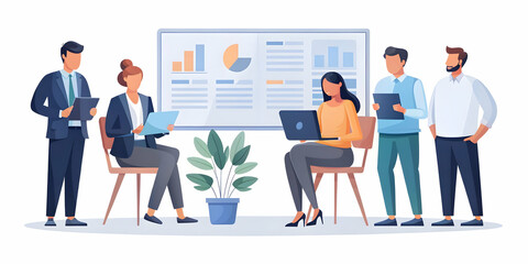 Flat Candid Business Team Collaborating on Digital Coupons Strategy - Smart Vector Illustration Capturing Team Dynamics and Marketing Content