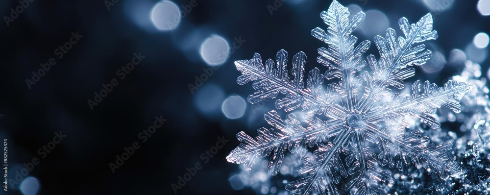 Poster close-up of a delicate snowflake glistening in winter light, showcasing intricate designs against a 