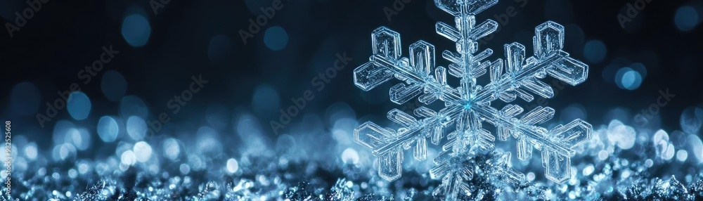 Poster a stunning close-up of a snowflake on a shimmering blue surface, showcasing intricate details and se