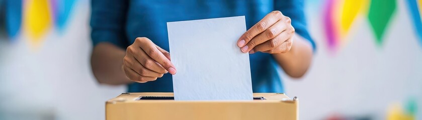 Obraz premium Closeup of a poll worker placing a ballot into a secure box, election integrity, vote counting