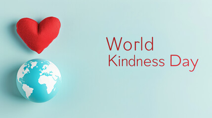 Red heart, blue globe concept, World Kindness Day illustration with symbols of love and global connection, compassion concept
