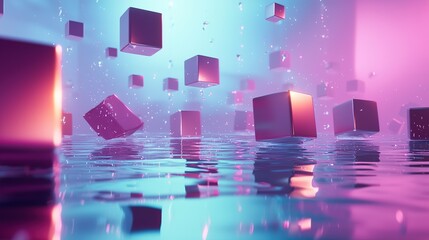 Abstract 3D render of metallic cubes floating on water with a blue and purple gradient background.