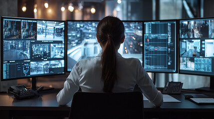 Security control room, workstation, monitoring room with security data center. a woman observes the situation on the monitor screen