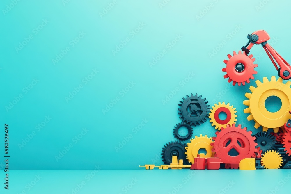 Aufkleber assembly line with gears and robotic arms, flat design illustration