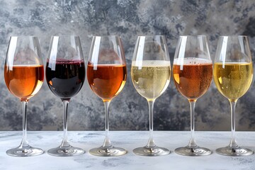 Naklejka premium Assorted Wine Glasses Featuring Red, White, and Ros Wine Varieties - Perfect for Wine Tasting Events