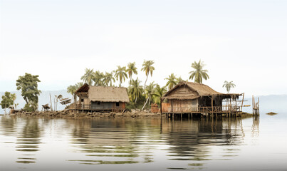 Fototapeta premium Cottage on stilts in the water with palm trees in the background