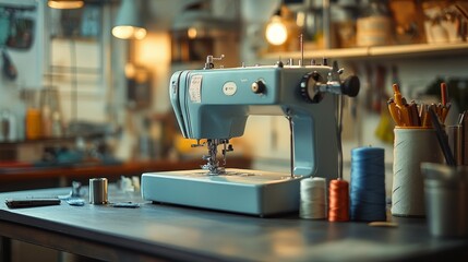 Modern sewing machines are placed side by side with other sewing tools to create a detailed and organized workspace for tailoring, sewing, and fabric making.