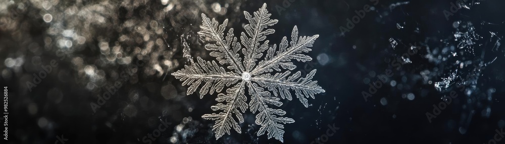 Poster A stunning close-up of a delicate snowflake with intricate patterns against a dark, blurred background, showcasing winter beauty.