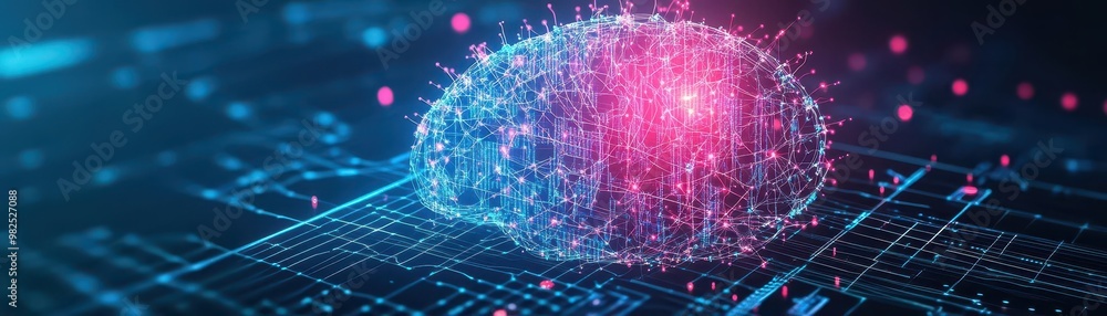 Poster An abstract digital brain with neurons representing complex rate analysis and micro data points