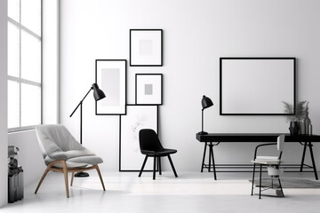 Modern living room interior with furniture and empty photo frames mockup