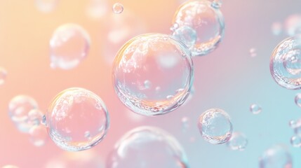 Fototapeta premium Glossy water bubbles gently moving on a soft pastel gradient background.