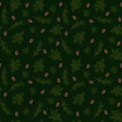 Christmas seamless pattern with a Christmas tree branch and cones ideal for wrapping paper, wallpaper, fabric, texture and other print.Celebrating Christmas and New Year.