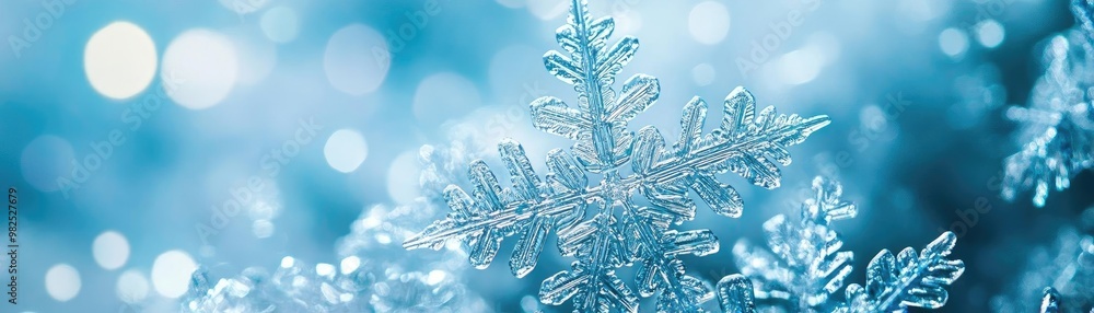Poster A beautiful close-up of a delicate snowflake, showcasing intricate patterns against a soft blue background, perfect for winter themes.