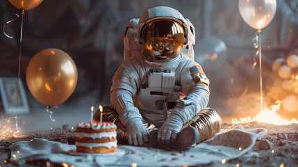 An astronaut against white background, metallic gold space suit and helmet, around astronaut there is birthday cake and balloons