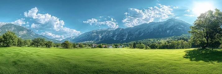Fototapeta premium Panorama view of Julian Alps near Bovec, Slovenia. Green valley surrounded by high mountains.