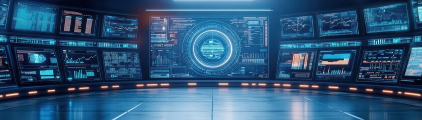 A sleek, futuristic control room where AI and business intelligence platforms automate decisionmaking with realtime data flowing across screens