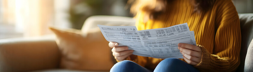 Naklejka premium Candid Capture of a Person Reviewing Bank Statements at Home - Realistic Savings and Financial Management Concept with Natural Lighting for Financial Planning Ads