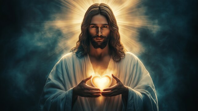 Jesus Christ with glowing heart in his arms