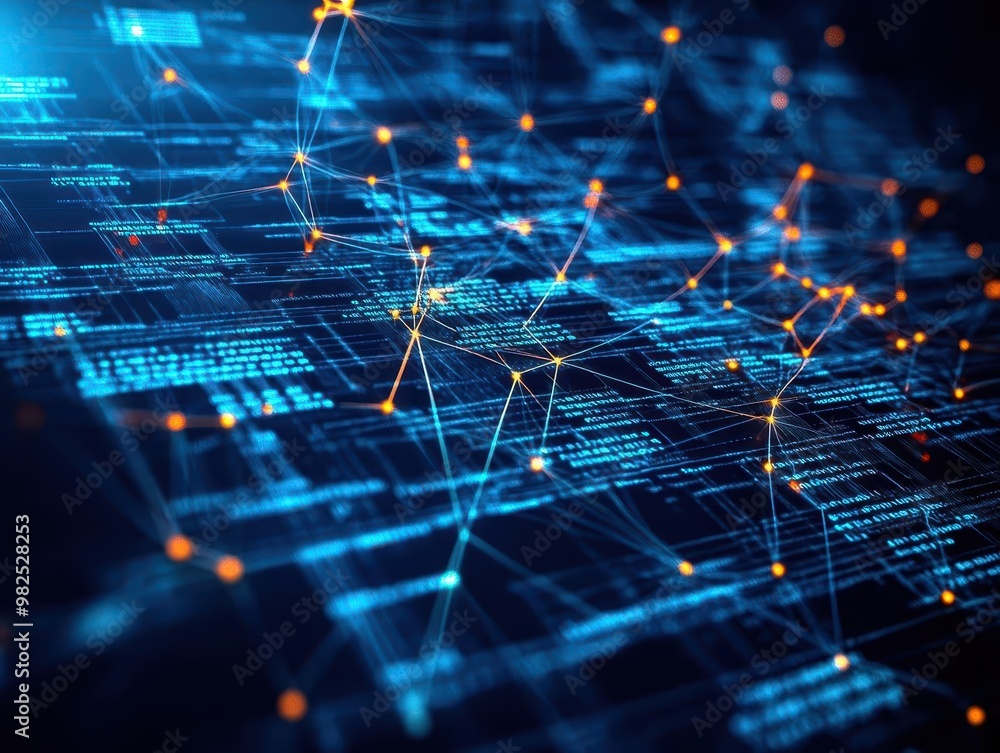 Leinwandbilder A machine learning algorithm visualized as a neural network, processing a vast flow of market data with glowing connections lighting up as insights are formed