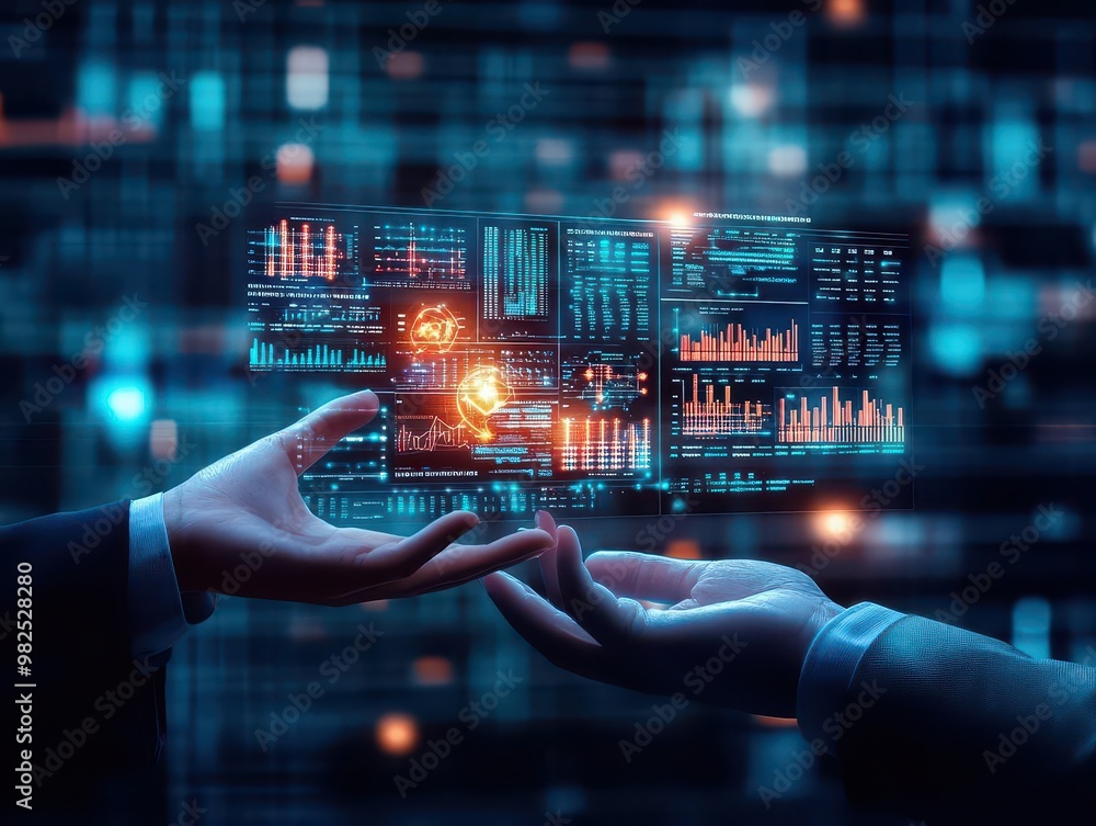 Poster A machine learning AI assistant handing a digital report to a business executive, with the report showcasing predictions and insights through glowing 3D charts