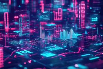 A hightech financial hub in a metropolis, where analysts use VR glasses to forecast capital flows, surrounded by floating 3D data points and charts