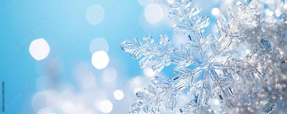 Poster Beautiful close-up of a snowflake on a sparkling background, showcasing intricate details and winter charm.