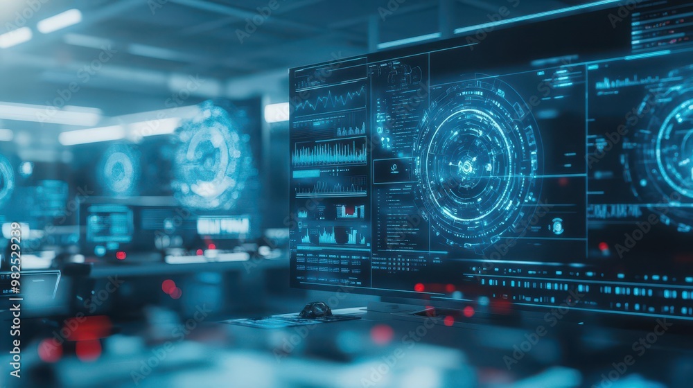 Poster a futuristic control room where diverse operators work together, with holographic screens showing re