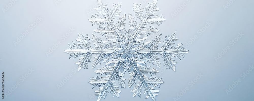 Poster a close-up view of a delicate snowflake showcasing its intricate crystalline structure against a sof