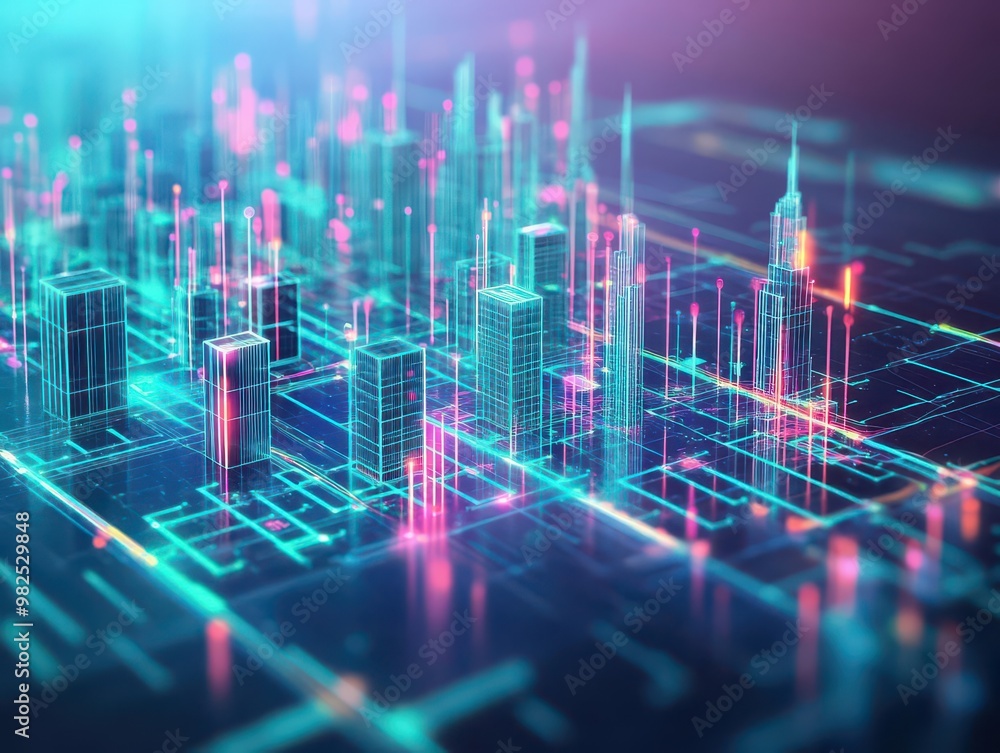 Poster A digital cityscape where data flows like neon rivers, connecting different sectors of business intelligence and machine learning models predicting future trends