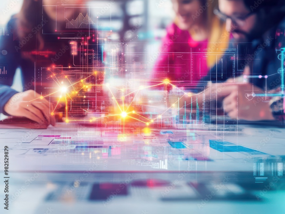 Poster a digital artwork of a diverse team working on a complex project, with glowing connections between t