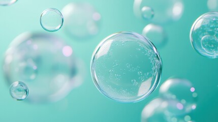 Shiny bubbles floating on a smooth pastel turquoise background.