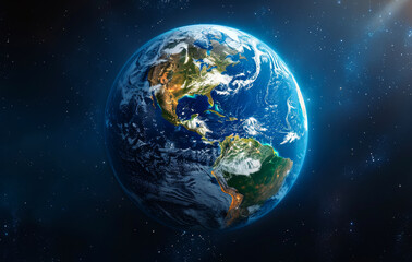 A large blue and green planet with the continents of North America and South America visible. The planet is surrounded by a dark blue sky