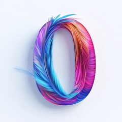 3D number 0 with colored feather texture realistic modern design, soft lighting, white background.