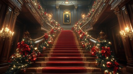 Fototapeta premium Opulent Grand Christmas Staircase with Elegant Holiday Decorations