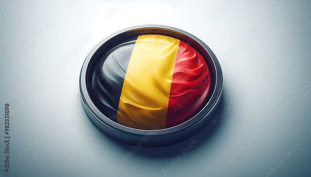 Poster germany flag with a red, yellow and black design is shown in a circular shape. the flag is on a whit