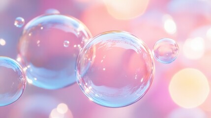 Soap bubbles reflecting a pastel coral background with soft lighting.