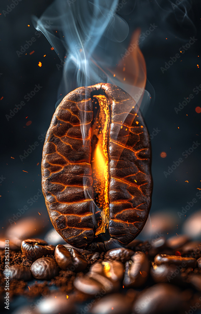 Poster a coffee bean is on a table with some coffee grounds. the coffee bean is partially burnt and has a h