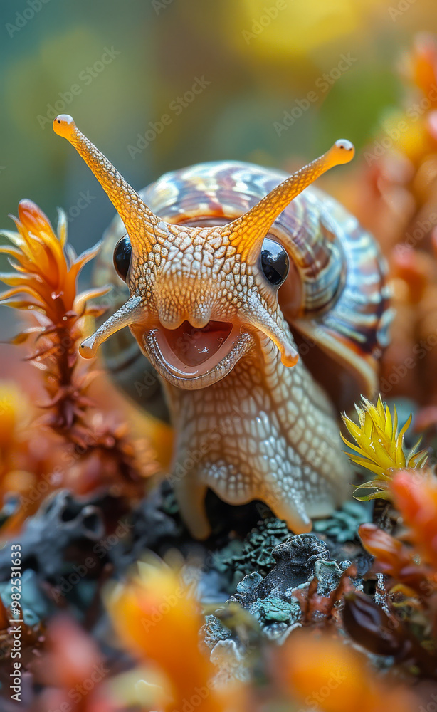 Poster a small, orange and white snail is smiling and making a funny face. the image has a playful and ligh