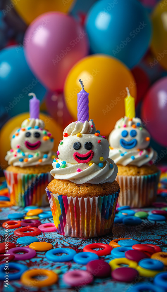 Poster three cupcakes with candles on them, one of which has a smiley face. the cupcakes are decorated with