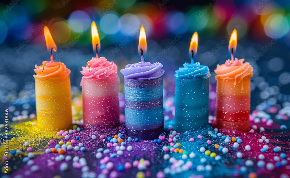 Aufkleber a colorful array of candles with frosting on top, arranged in a row. the candles are lit and the fro