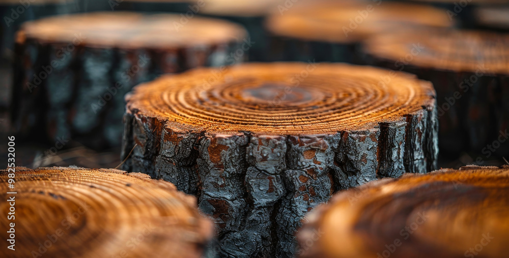 Poster a close up of a pile of logs with a brownish color. the logs are arranged in a circle and are of var