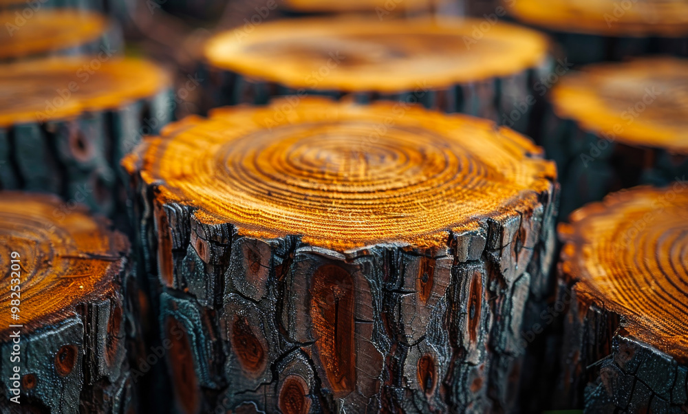 Poster a close up of a large log with a brownish-orange color. the log is surrounded by other logs, creatin