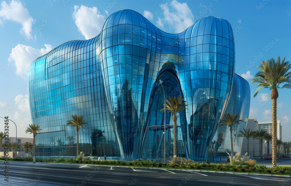 Poster a large building with a blue facade and a large glass window. the building has a unique shape that r