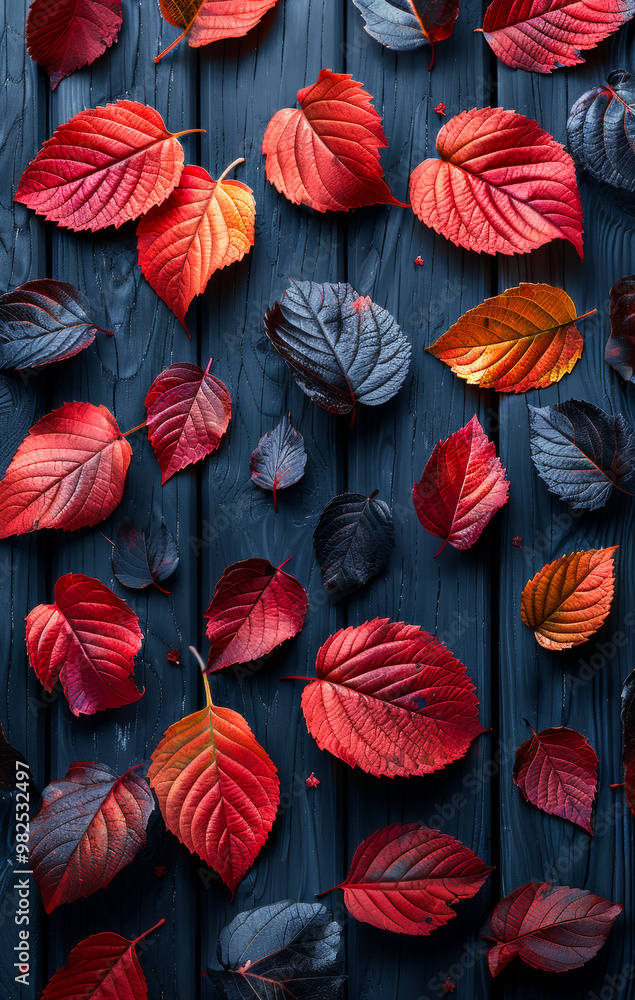 Poster a close up of red and black leaves on a wooden surface. the leaves are scattered in various sizes an