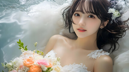 Naklejka premium Bride in Water with Flowers